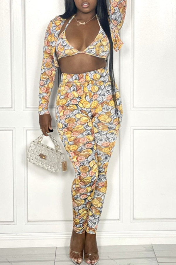 Yellow Fashion Print Cardigan Vests Pants Long Sleeve Three-piece Set