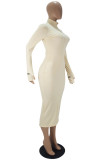White Fashion Casual Letter Embroidery Solid Color Turtleneck Long Sleeve Dresses