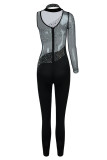 Black Sexy Solid Split Joint See-through Asymmetrical Hot Drill Half A Turtleneck Skinny Jumpsuits
