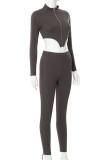 Brown Fashion Sexy Solid Asymmetrical Zipper Collar Long Sleeve Two Pieces