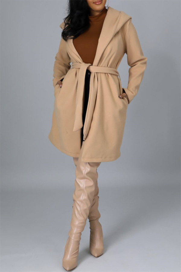 Khaki Fashion Casual Solid Cardigan With Belt Turndown Collar Outerwear