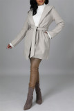 Light Gray Fashion Casual Solid Cardigan With Belt Turndown Collar Outerwear