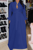 Blue Fashion Casual Solid With Belt Turndown Collar Long Sleeve Dresses