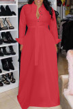 Red Fashion Casual Solid With Belt Turndown Collar Long Sleeve Dresses