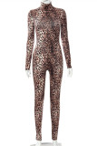 Multicolor Fashion Sexy Leopard Printing Turtleneck Skinny Jumpsuits