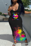 Black Fashion Sexy Print Basic U Neck Vest Dress