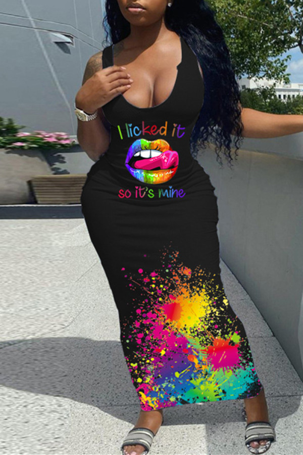 Black Fashion Sexy Print Basic U Neck Vest Dress