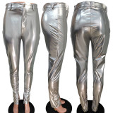 Pink Fashion Casual Solid Slit Skinny Mid Waist Pencil Trousers