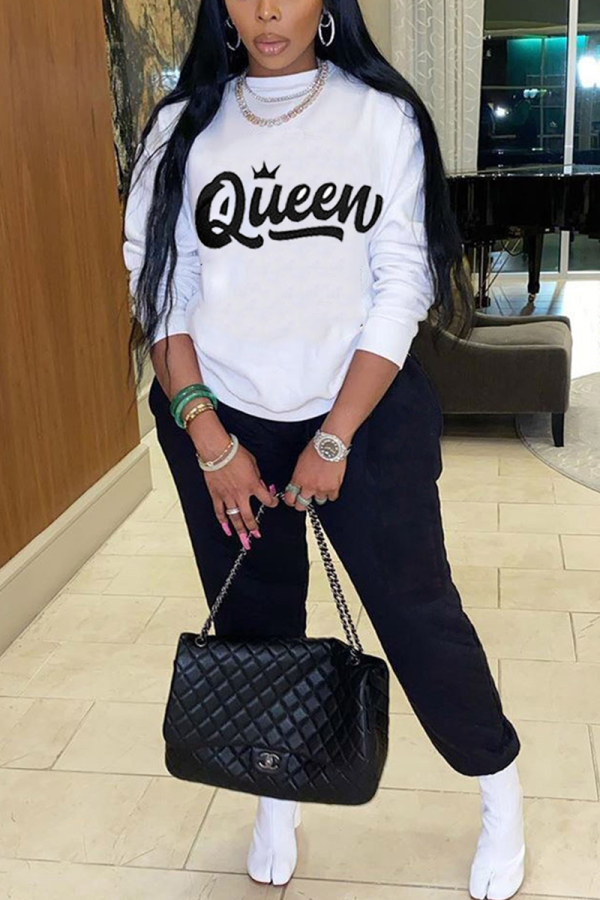 White Street Print Letter O Neck Long Sleeve Two Pieces