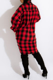 Red Fashion Casual Plaid Print Basic Turndown Collar Long Sleeve Dresses