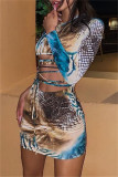 Colour Sexy Print Bandage Hollowed Out Backless Oblique Collar Long Sleeve Dresses