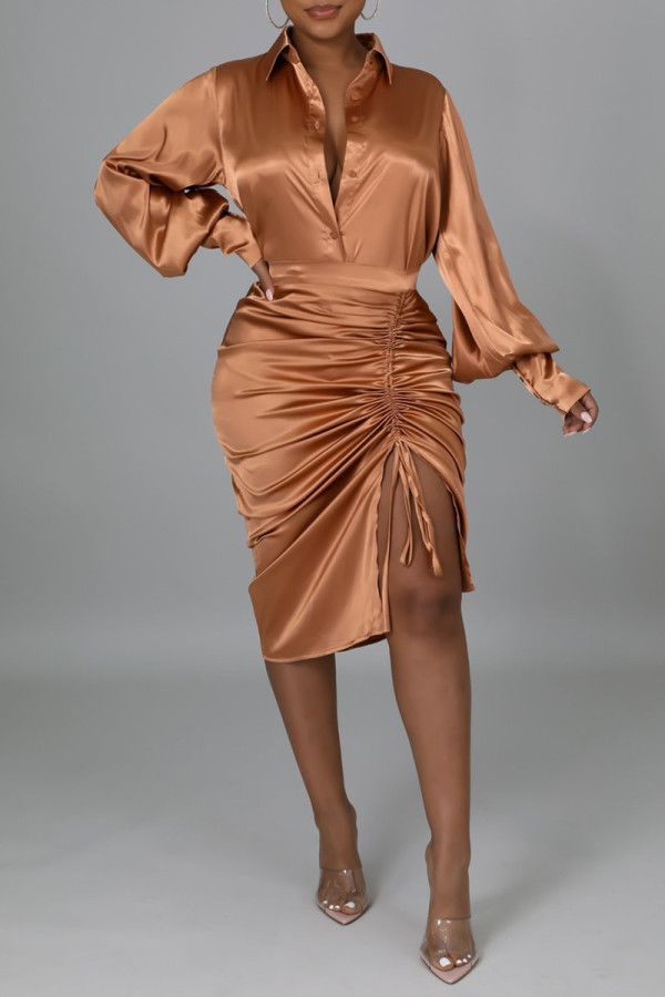 Dark Brown Fashion Casual Solid Bandage Patchwork Turndown Collar Long Sleeve Two Pieces