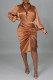 Dark Brown Fashion Casual Solid Bandage Patchwork Turndown Collar Long Sleeve Two Pieces