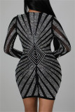 Gold Fashion Sexy Patchwork Hot Drill V Neck Long Sleeve Dresses