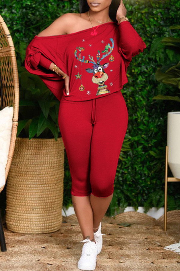 Red Fashion Casual Print Basic Oblique Collar Long Sleeve Two Pieces
