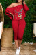 Red Fashion Casual Print Basic Oblique Collar Long Sleeve Two Pieces
