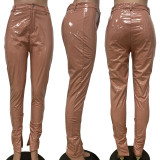 Pink Fashion Casual Solid Slit Skinny Mid Waist Pencil Trousers