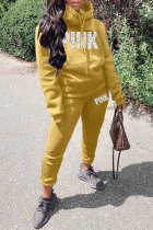 Yellow Fashion Casual Letter Print Basic Hooded Collar Long Sleeve Two Pieces