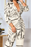 Apricot Sexy Letter Print Bandage Split Joint Turndown Collar Straight Jumpsuits