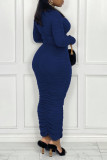 Blue Sexy Print Patchwork Fold Turtleneck Dresses