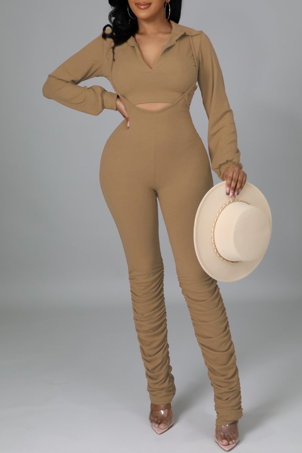 Apricot Fashion Casual Solid Fold Turndown Collar Long Sleeve Two Pieces