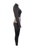 Black Fashion Casual Plaid Print Patchwork Turtleneck Long Sleeve Two Pieces