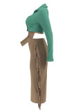Green Fashion Casual Patchwork Tassel V Neck Long Sleeve Two Pieces