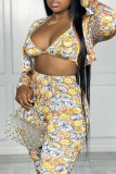 Yellow Fashion Print Cardigan Vests Pants Long Sleeve Three-piece Set