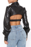 Black Sexy Casual Solid Split Joint Backless Turndown Collar Tops
