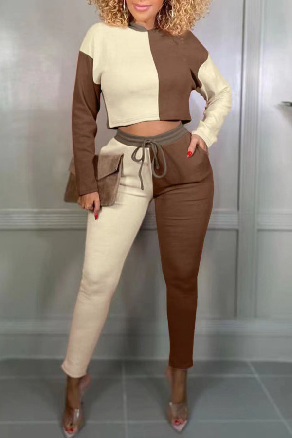Coffee Casual Solid Patchwork O Neck Long Sleeve Two Pieces