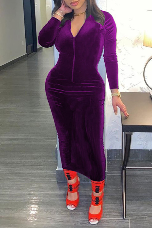 Purple Sexy Solid Patchwork Zipper Collar One Step Skirt Dresses