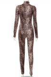 Multicolor Fashion Sexy Leopard Printing Turtleneck Skinny Jumpsuits
