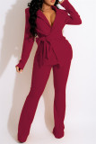 Burgundy Fashion Casual Solid Bandage Turndown Collar Long Sleeve Two Pieces