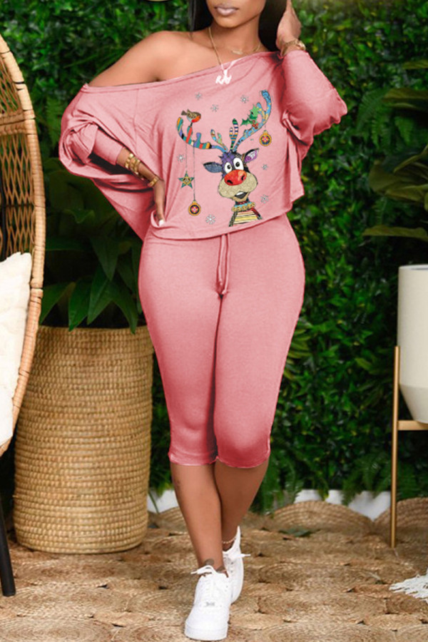 Pink Fashion Casual Print Basic Oblique Collar Long Sleeve Two Pieces
