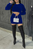 Deep Blue Fashion Casual Solid Basic O Neck Long Sleeve Two Pieces