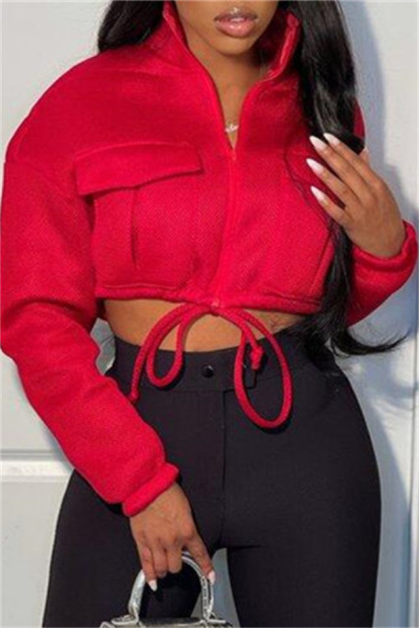 Red Fashion Casual Solid Cardigan Mandarin Collar Outerwear