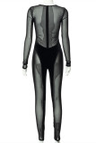 Black Fashion Sexy Patchwork See-through O Neck Skinny Jumpsuits