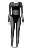 Black Fashion Sexy Patchwork See-through O Neck Skinny Jumpsuits