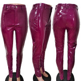 Pink Fashion Casual Solid Slit Skinny Mid Waist Pencil Trousers