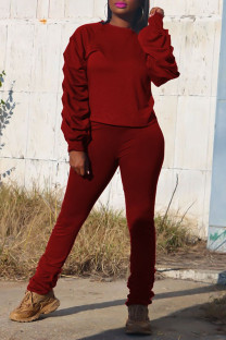 Burgundy Casual Solid Split Joint Fold O Neck Long Sleeve Two Pieces
