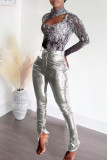 Pink Fashion Casual Solid Slit Skinny Mid Waist Pencil Trousers