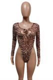 Coffee Fashion Sexy Print Bandage Hollowed Out O Neck Long Sleeve Two Pieces
