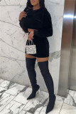 Deep Blue Fashion Casual Solid Basic O Neck Long Sleeve Two Pieces