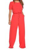 Red Fashion Casual Solid Short Sleeve O Neck Jumpsuits