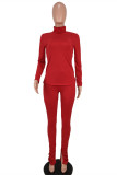 Red Fashion Casual Solid Slit O Neck Long Sleeve Two Pieces