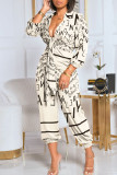 Apricot Sexy Letter Print Bandage Split Joint Turndown Collar Straight Jumpsuits