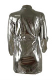 Silver Fashion Casual Solid Patchwork Zipper Collar Long Sleeve Dresses (Without Belt)
