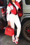 Red Casual Street Print Patchwork Buckle Outerwear