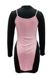 Black Pink Fashion Casual Solid Patchwork Slit Turtleneck Long Sleeve Two Pieces