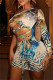 Colour Sexy Print Bandage Hollowed Out Backless Oblique Collar Long Sleeve Dresses